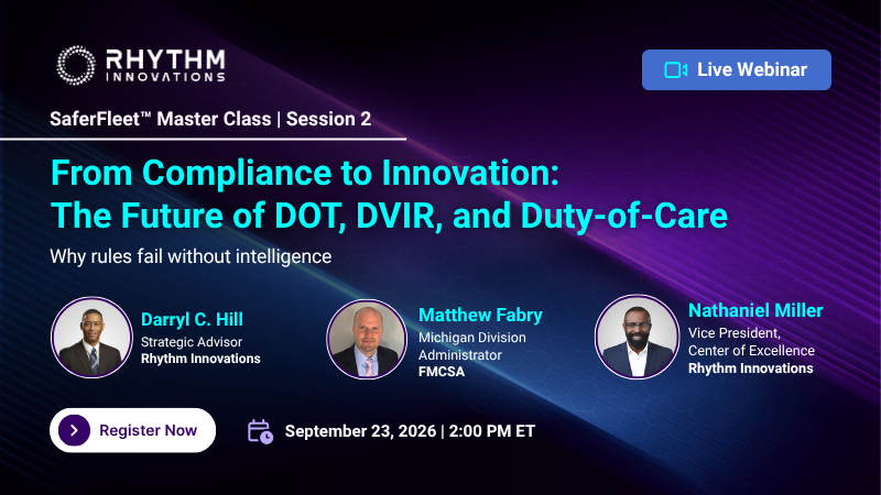Banner for Rhyth​m Innovations live webinar: From Compliance to Innovation with three speakers—Darryl C. Hill, Matthew Fabry, Nathaniel Miller; Sept 23, 2026, 2:00 PM ET; Register Now button.