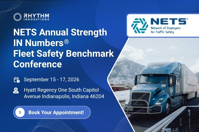 Promotional banner for the NETS Fleet Safety Benchmark Conference: blue gradient design, NETS logo, a large truck image, dates September 15–17, 2026, Hyatt Regency Indianapolis; CTA 'Book Your Appointment'.
