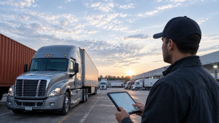 Truck driver in a denim jacket and cap stands in a truck yard at sunrise, using a tablet.