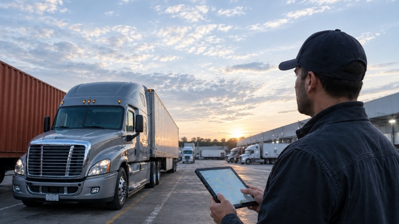 Truck driver in a denim jacket and cap stands in a truck yard at sunrise, using a tablet.